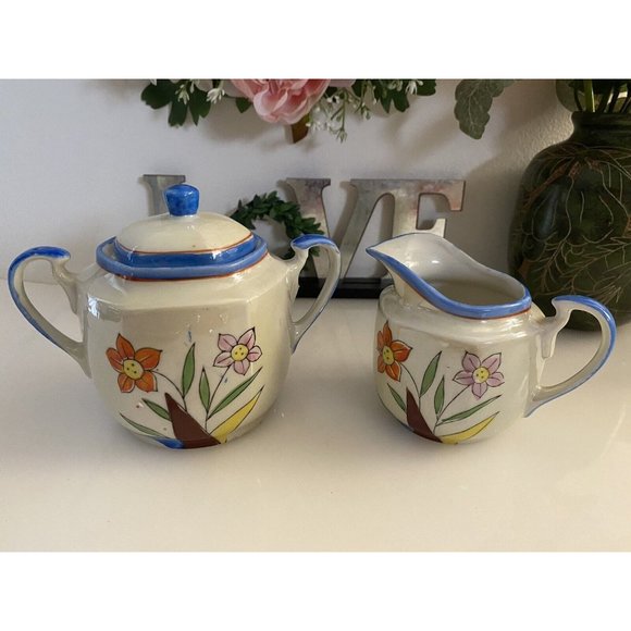 1950's Vintage Japanese Porcelain Lusterware 2 Piece Tea Set Floral Design Great - Picture 12 of 16